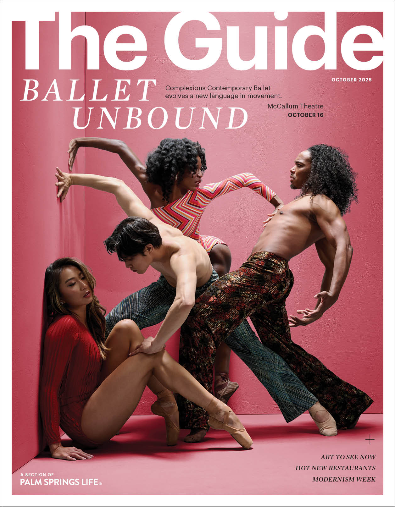 Cover of The Guide magazine October 2025 featuring dancers from Complexions Contemporary Ballet performing expressive poses for the “Ballet Unbound” issue promoting McCallum Theatre performance.